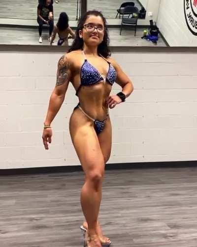 10/13/14/16 weeks out(2 OCB Figure, 2 NPC Wellness contests), 37yo 4’9” currently 108 lbs. video is my first posing session for wellness poses, details in comments