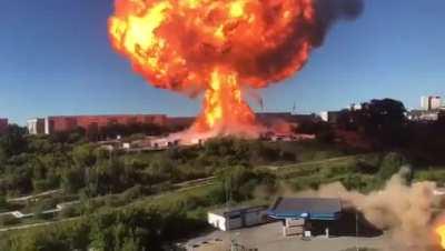 Gas station explosion in Novosibirsk, Russia, right in the middle of housing blocks.