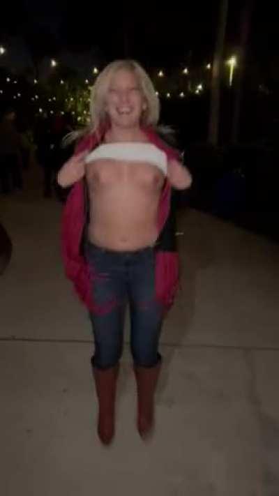 Leaving the Christmas light show and couldn’t resist taking my tits out