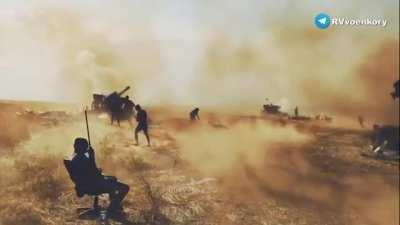 A Russian soldier took a stolen office chair into the field to overlook an artillery assault on an apparent Ukrainian position.