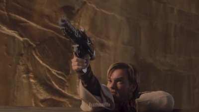 Obi-Wan uses a blaster