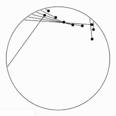 Optical illusion. The balls may appear to be moving in a curved line, but each of them is moving in a straight line