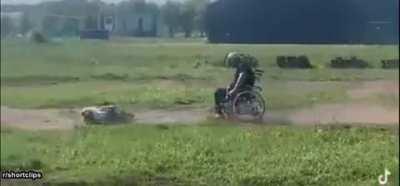 Wheelchair bound man getting yanked by a RC car