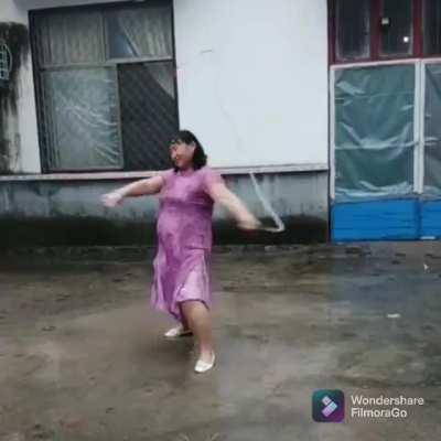 Grandma whipping in the rain