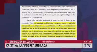 Cristina Fernandez de Kirchner solicito que le restituyan las jubilaciones que le suspendieron abogando que 