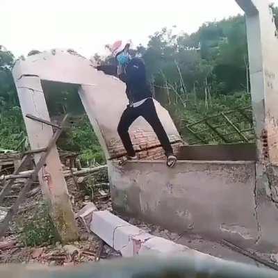 Showing off knocking down the wall