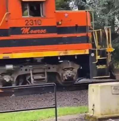 Train hits delivery bot as its comrades look on.
