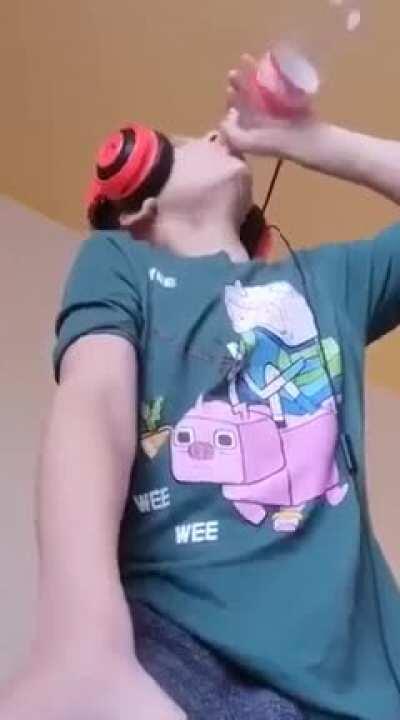 Chug chug challenge! he looks like he has played Fortnite for 14 hours straight