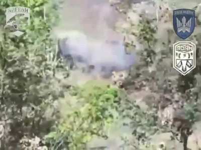 NSFW: Ukrainian FPV drone lands a direct hit on a group of 3 Russian soldiers standing by a wheelbarrow