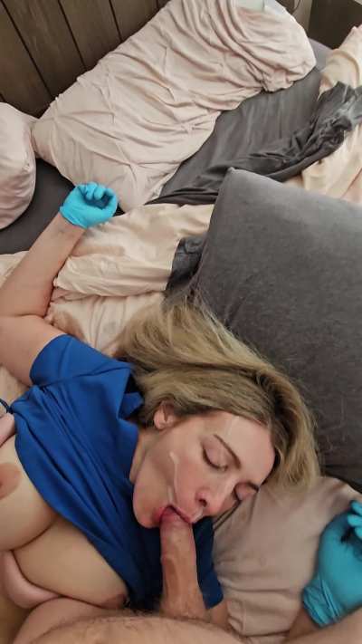 Nurse Brandi forgot to bring a specimen cup. Guess you'll have to put the sample in my mouth instead 