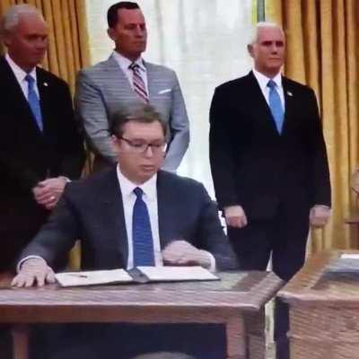 The moment Serbian President Vucic realizes that the statement he just signed (apparently without reading) commits his country to moving its embassy in Israel to Jerusalem...