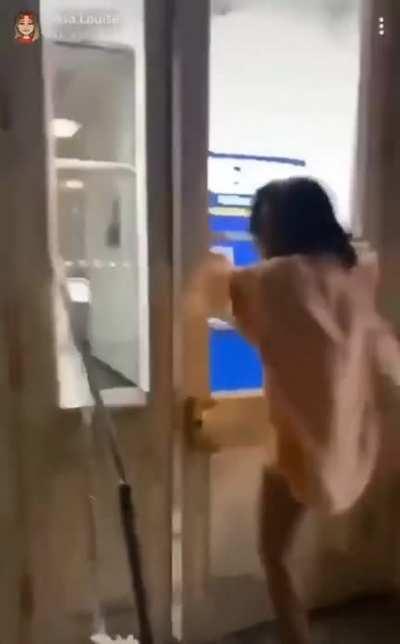 Trying to jump through a window someone smashed open