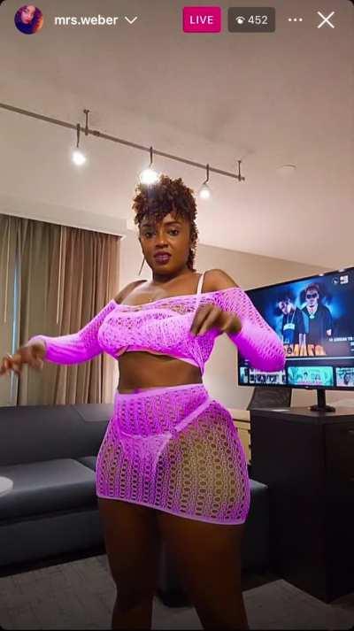 (@mrs.weber) drinking and dancing in sexy outfit on IG Live 6/10/24