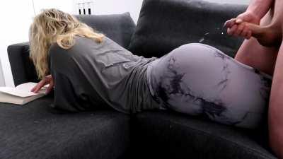 Cumshot on leggins while reading