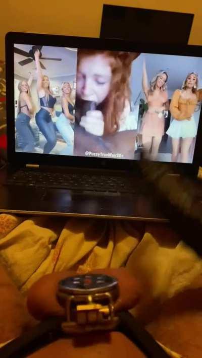 Nothing is better than rubbing my caged clitty and slapping it with a BBC dildo when watching some BBC porn