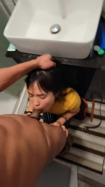 She was so eager after a night out she ripped off my pants and started blowing me in the bathroom. Based on her eyes I knew she wanted me to fuck her throat