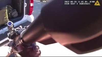 Police officer puts down his Starbucks coffee, walks to his trunk, picks up his rifle, and calmly drops an active shooter with one shot.