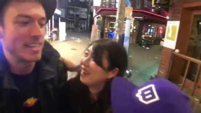 The lady wearing Black was being followed by a weirdo , she noticed a Twitch/Youtube streamer and pretended to be his friend , his reaction is quick