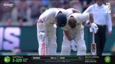 David Warner doing hasan ali celebration after his double ton in 100th test