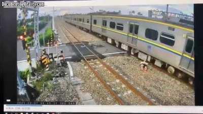 Elderly Taiwanese man on bike refused to stop for a train, suffers the consequences