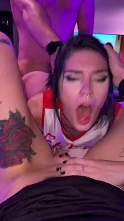 Pounding our cheerleader friend