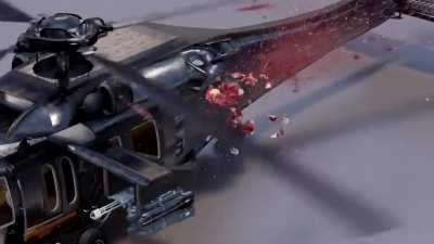 Simulation of a body falling through helicopter blades