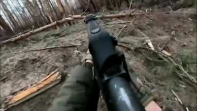 Soldier of the International Legion (2nd Battalion) targeted Russians positions with a grenade launcher. Serebryansky forest. Luhansk Oblast. [Date unknown]