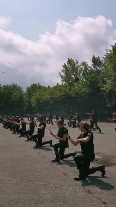 Practicing handgun shooting in a row