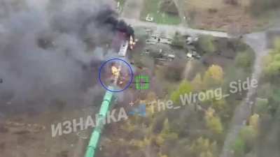 RU POV: Aftermath of a strike on a locomotive transporting fuel near the settlement of Chernoplatovo, Sumy region