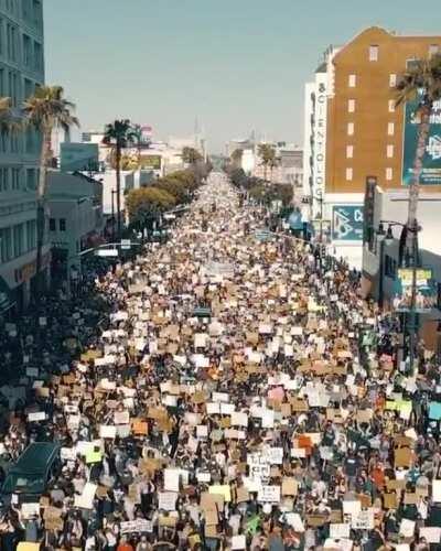 Drone footage over the June 7, 2020 LA Black Lives Matter protest on Hollywood Blvd