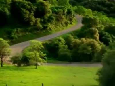 a video of a car going down the mountains.