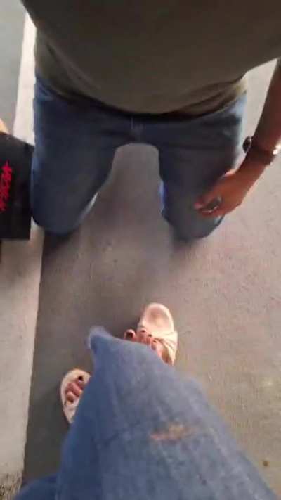 He served well — shopping, bags, everything handled. So I gave him the kind of reward he understands best. On his knees, exactly where he belongs & Kicks to his balls