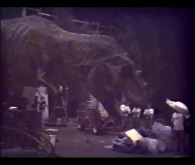 Testing the animatronics for the T-REX, from behind the scenes of 