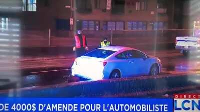 Idiot passes through roadblock, falls in sinkhole, and busted after 8 o' clock curfew gets 4000$ in fines right in front filming TV crew.