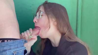 Sofia swallowing cum outdoors