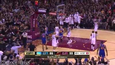[Highlight] An iconic sequence from the 2016 finals in which Lebron James throws a lob to Tristan Thompson, blocks Steph Curry then trash talks him, leading to Curry fouling out.