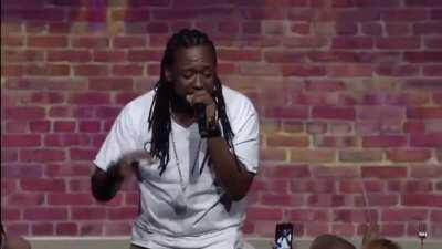 MC Supernatural demonstrates his Freestyle Obstacle Course where he rhymes based on random items handed to him by the crowd