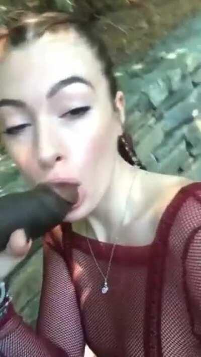 White girl sucks boyfriend's BBC in public