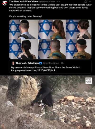 Thomas Friedman compares ICE to Hamas, arguing they both wear masks. Israel has trained US police & regularly exports tools of oppression (field-tested on Palestinians). In this 2016 clip, masked IOF terrorists use a Palestinian child as a human shiel