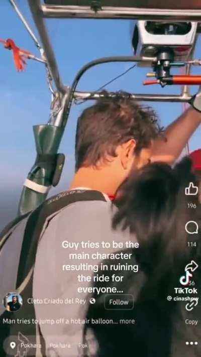 Man’s attempt to skydive from hot air balloon thwarted by balloon pilot.