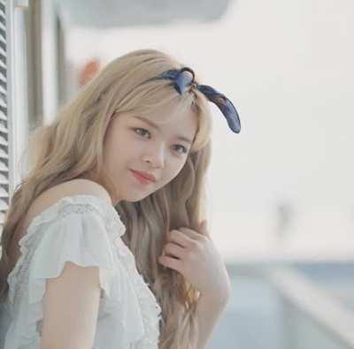 Jeongyeon - blonde, blue hair bandana, white blouse, 2021 Season's Greetings The Moment Forever