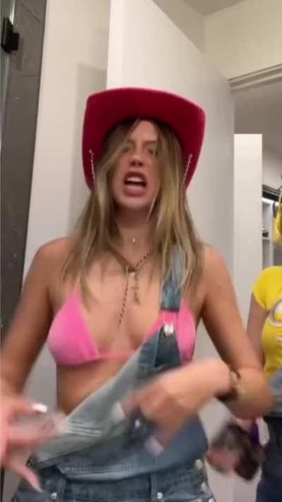 Bouncy slo-mo in bikini & overalls