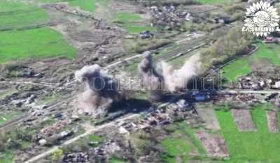 The Ukrainian Armed Forces carried out a MiG-29 airstrike using 3 guided American GBU-62 bombs on a dugout with Russian soldiers in the village of Tyotkino. May 2025, Kursk region.