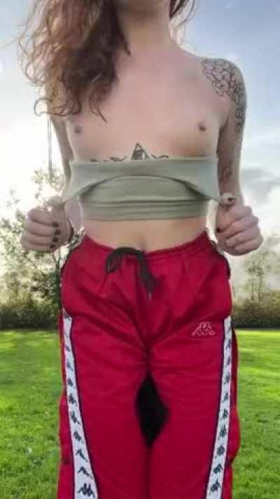Flashing my petite tits at the park