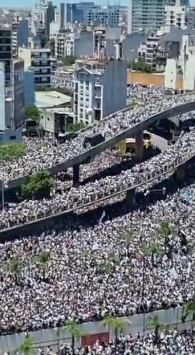 Over 5 million Argentinians (about 10% of the country's population) are celebrating Argentina's world cup victory in the streets of Buenos Aires. Today has been declared a national holiday.
