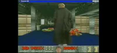 Bizarre coincidental similarities to Columbine as Bill Gates wears a duster and holds a shotgun in the game Doom to promote Windows 95 in 1994.