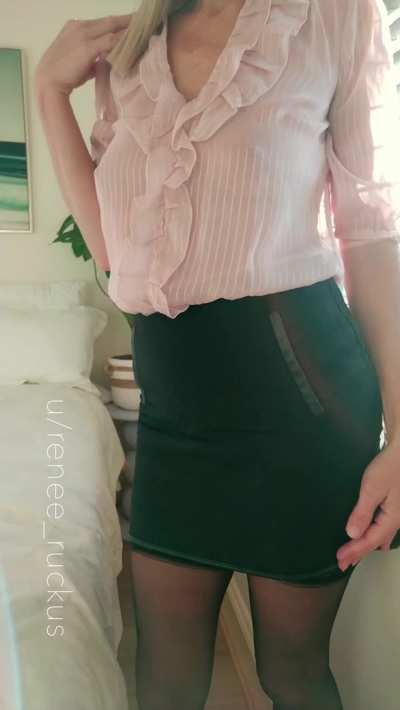 Sheer blouse to show off my perky nips, mini skirt to show off my thigh highs. Reckon I'm ready for the first day back at work..