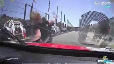 Idiot playing around in the pit stop...