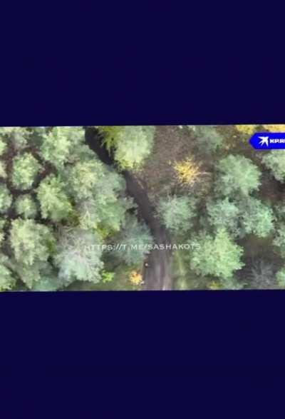 Ru pov 🅾️forces drop drone munitions on Ukrainian soldiers near kreminna visible destroyed vehicle