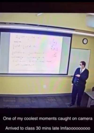 Student who is late for class answers a question correctly in seconds